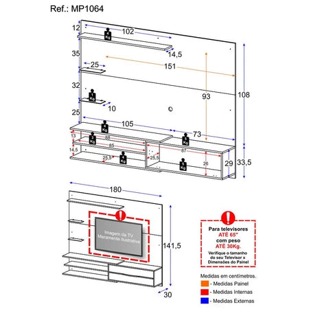 Painel para TV até 65" com 1 Porta e Prateleiras